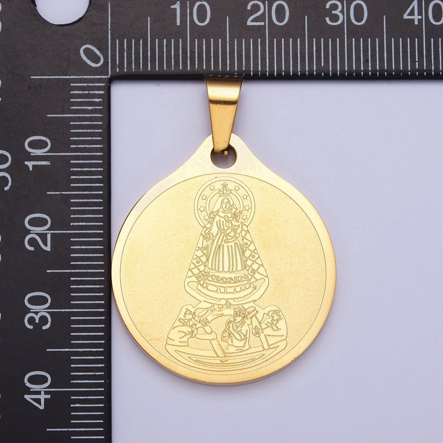 Virgin Mary Lady Guadalupe & Baby Jesus w. Spanish Religious Prayer Double-Sided 24K Gold Filled Stainless Steel Medallion Pendant | X-657