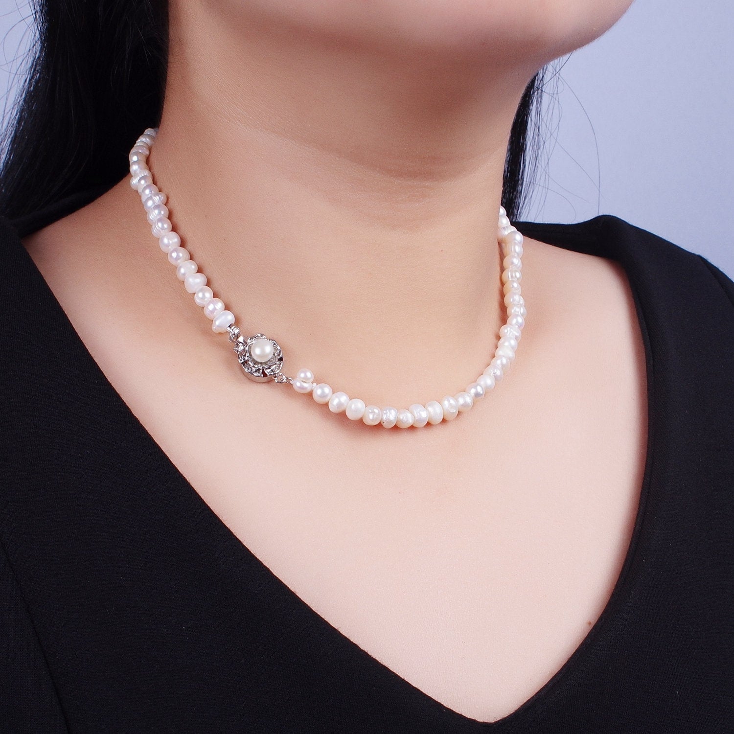 5.0mm Freshwater Pearl Floral Silver Necklace, 16.5" White Gold Filled Genuine Freshwater Mother of Pearl Flower Clasp Necklace | WA-1181