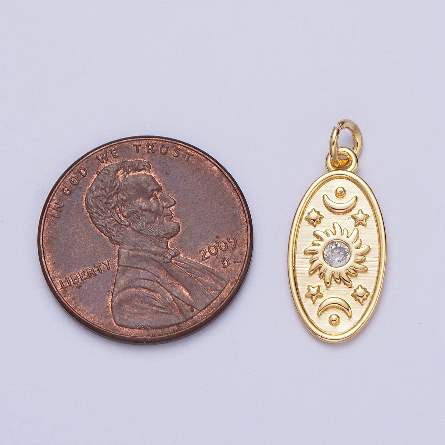 16K Gold Filled Celestial Cubic Zirconia Sun Star Crescent Moon Oval Charm | N-214