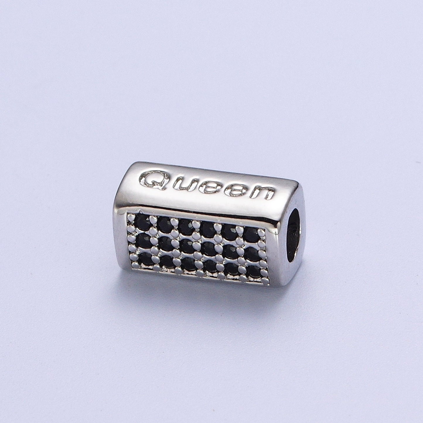 Gold/Silver Queen Embossed Lettering Black CZ Rectangular Bead Spacer, Gold Plated Open Micro Paved CZ Queen Bead Spacer | B-936