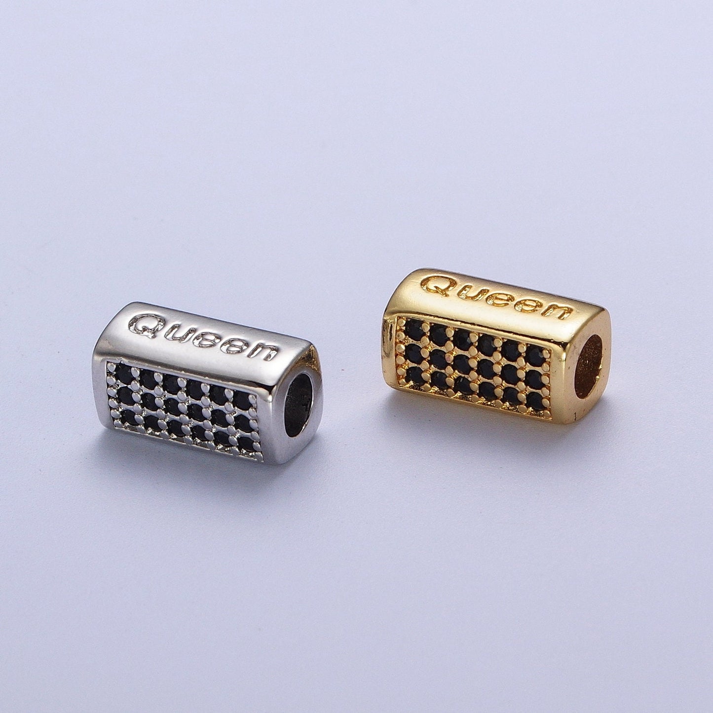 Gold/Silver Queen Embossed Lettering Black CZ Rectangular Bead Spacer, Gold Plated Open Micro Paved CZ Queen Bead Spacer | B-936