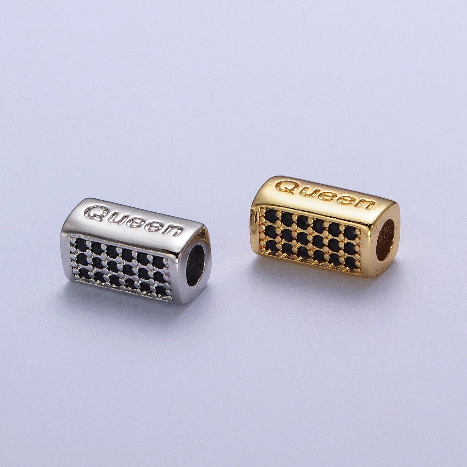 Gold/Silver Queen Embossed Lettering Black CZ Rectangular Bead Spacer, Gold Plated Open Micro Paved CZ Queen Bead Spacer | B-936