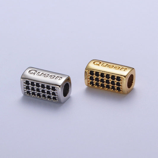 Gold/Silver Queen Embossed Lettering Black CZ Rectangular Bead Spacer, Gold Plated Open Micro Paved CZ Queen Bead Spacer | B-936