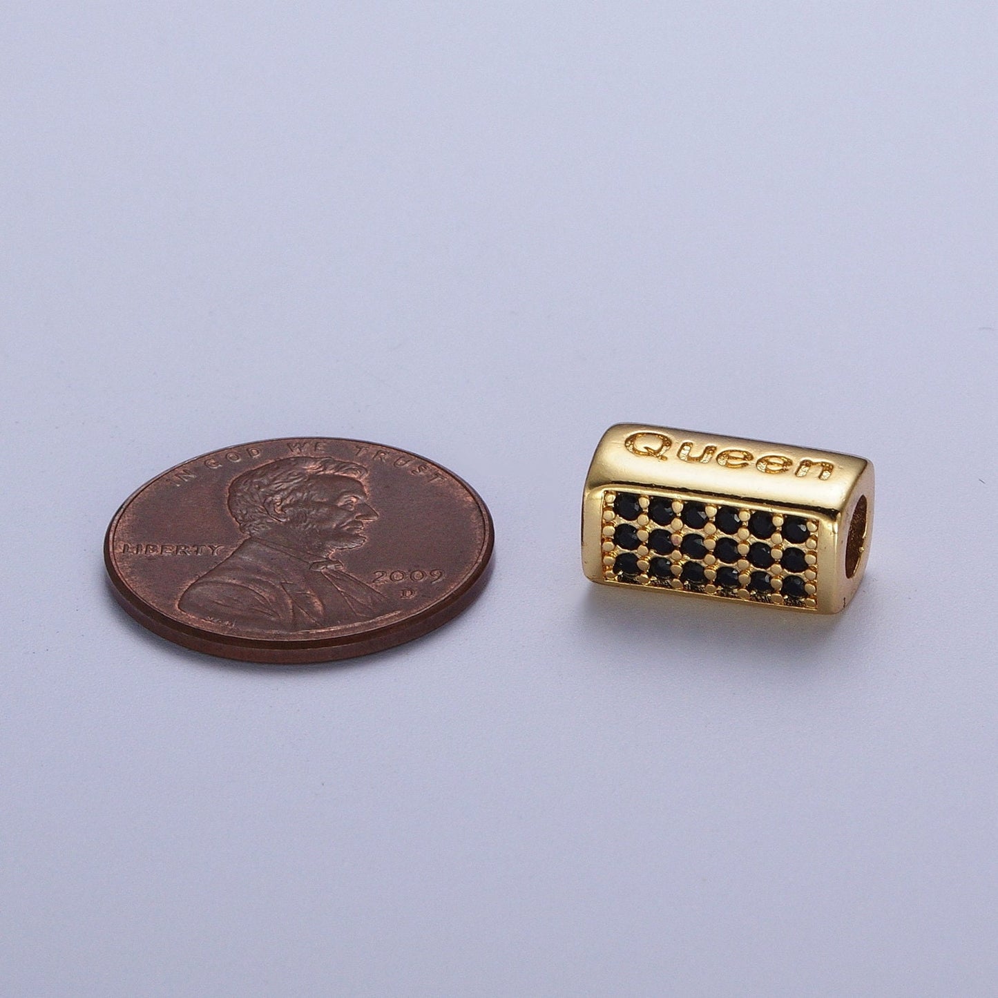 Gold/Silver Queen Embossed Lettering Black CZ Rectangular Bead Spacer, Gold Plated Open Micro Paved CZ Queen Bead Spacer | B-936