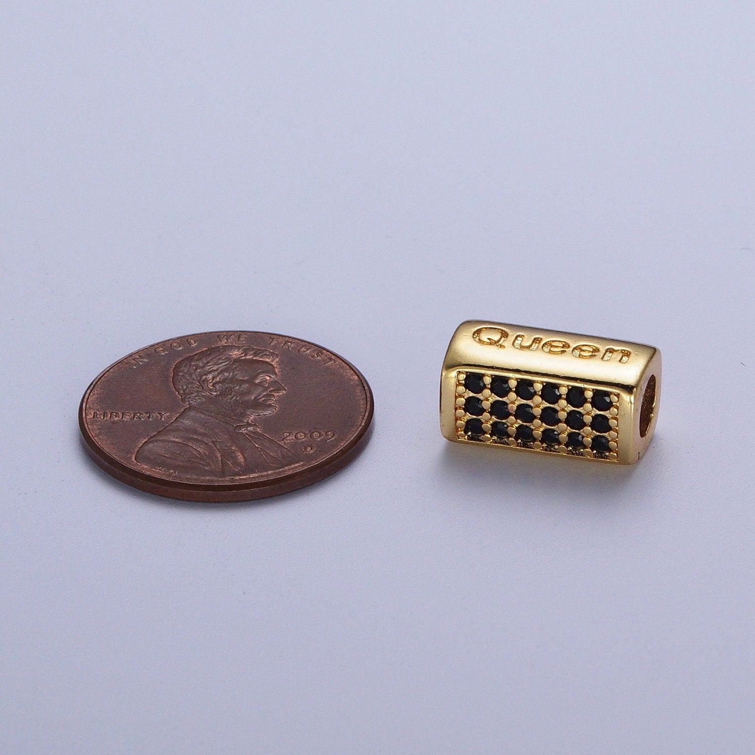 Gold/Silver Queen Embossed Lettering Black CZ Rectangular Bead Spacer, Gold Plated Open Micro Paved CZ Queen Bead Spacer | B-936