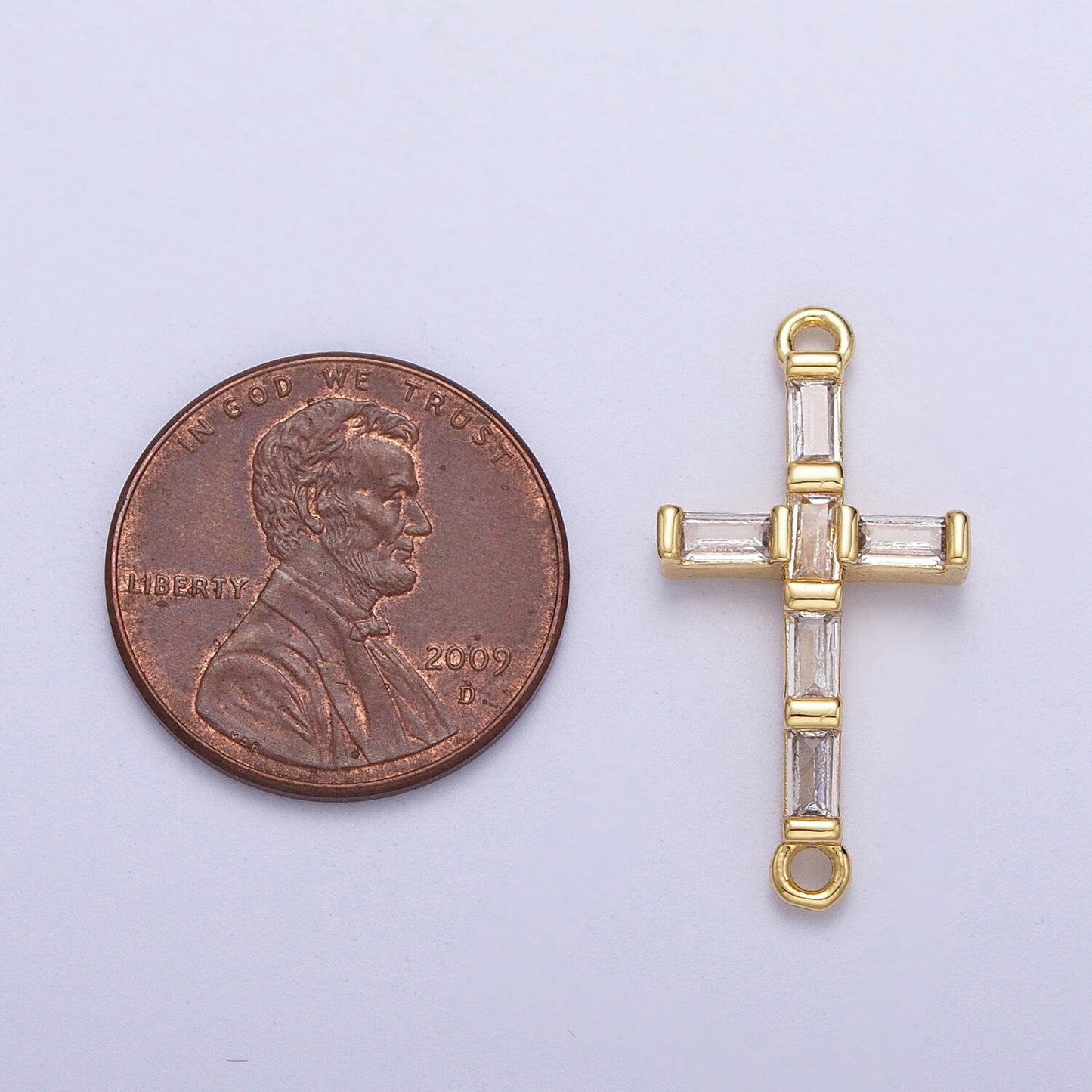 Gold Baguette Stones Cross Charm Connector, 24K Gold Plated Clear Micro Paved CZ Baguette Cross Religious Link Connector | F-145
