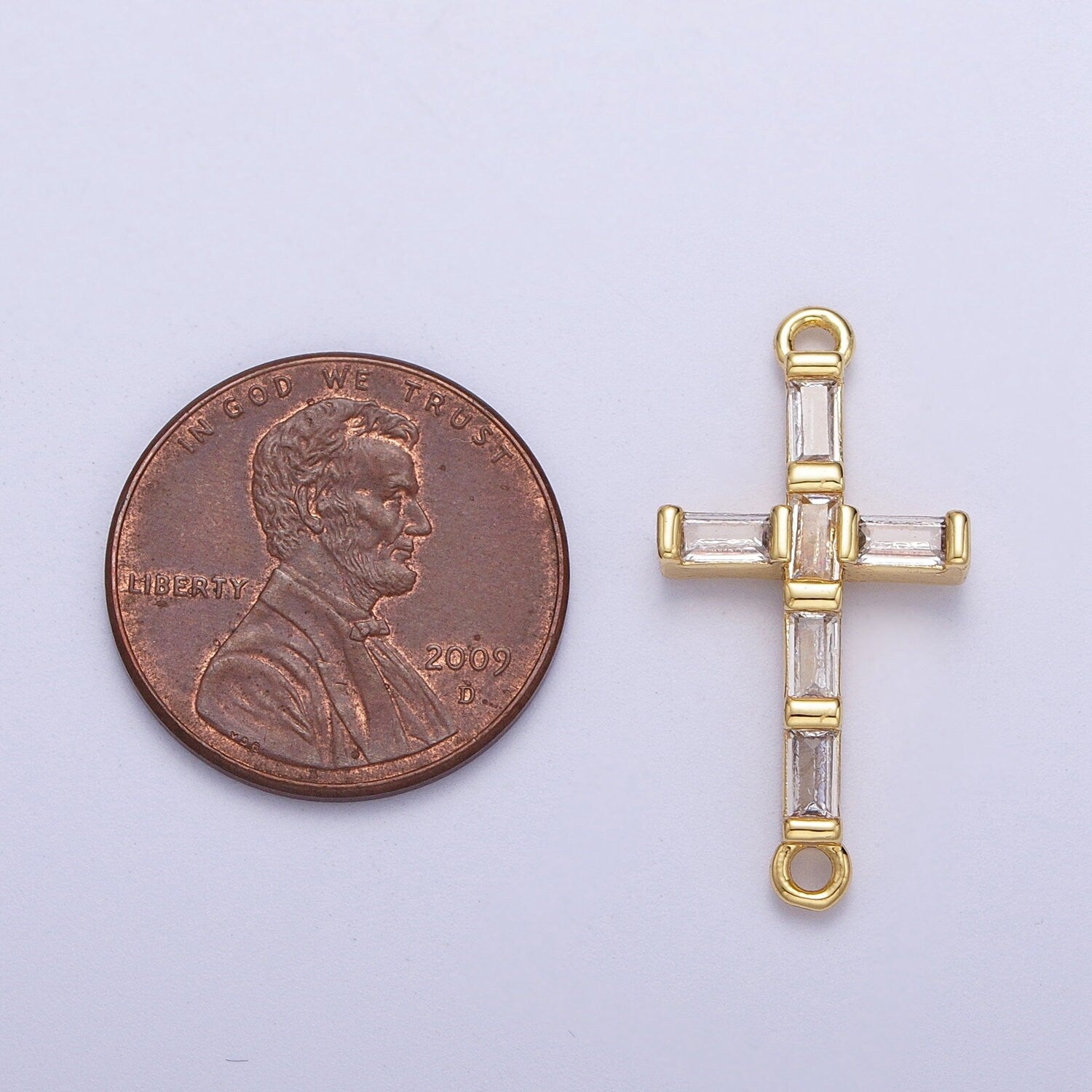 Gold Baguette Stones Cross Charm Connector, 24K Gold Plated Clear Micro Paved CZ Baguette Cross Religious Link Connector | F-145