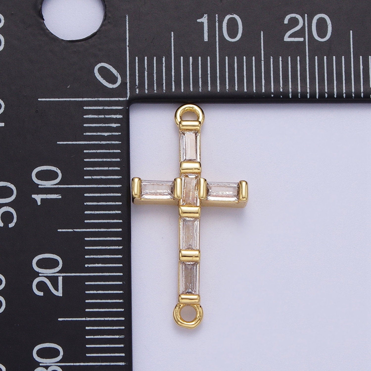 Gold Baguette Stones Cross Charm Connector, 24K Gold Plated Clear Micro Paved CZ Baguette Cross Religious Link Connector | F-145