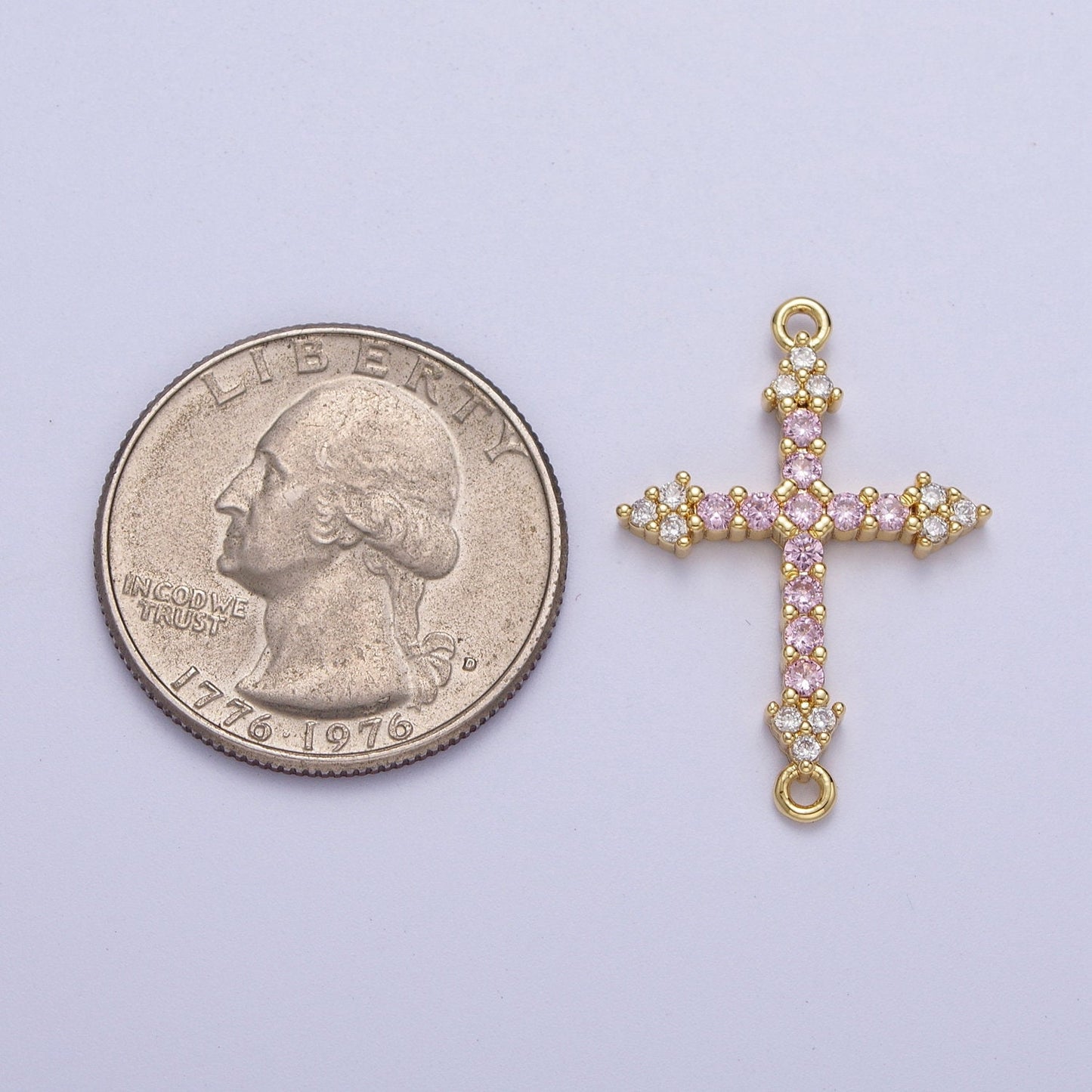 Gold CZ Cross Charm Connector, 24K Gold Plated Clear and Pink Micro Paved CZ Arrow Cross Religious Link Connector | F-140
