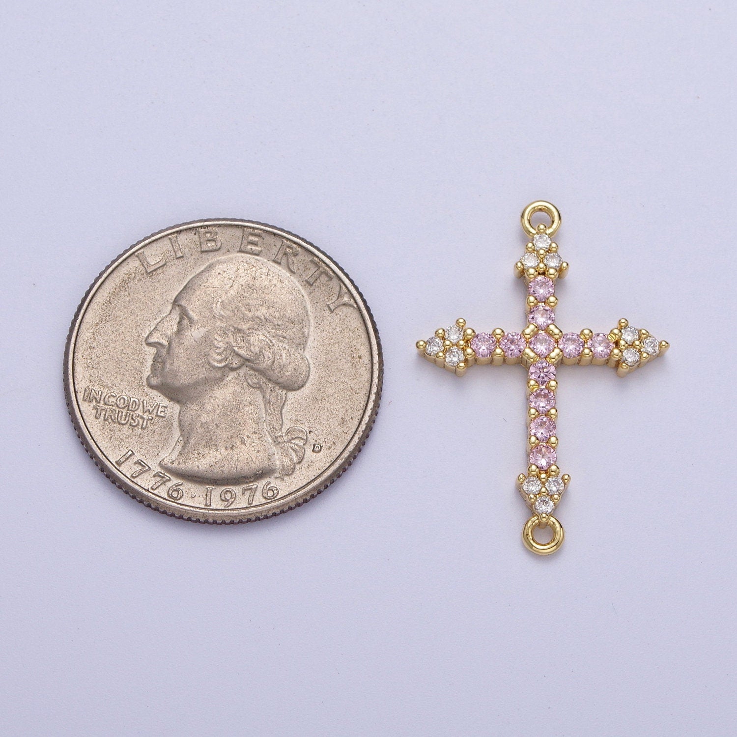 Gold CZ Cross Charm Connector, 24K Gold Plated Clear and Pink Micro Paved CZ Arrow Cross Religious Link Connector | F-140