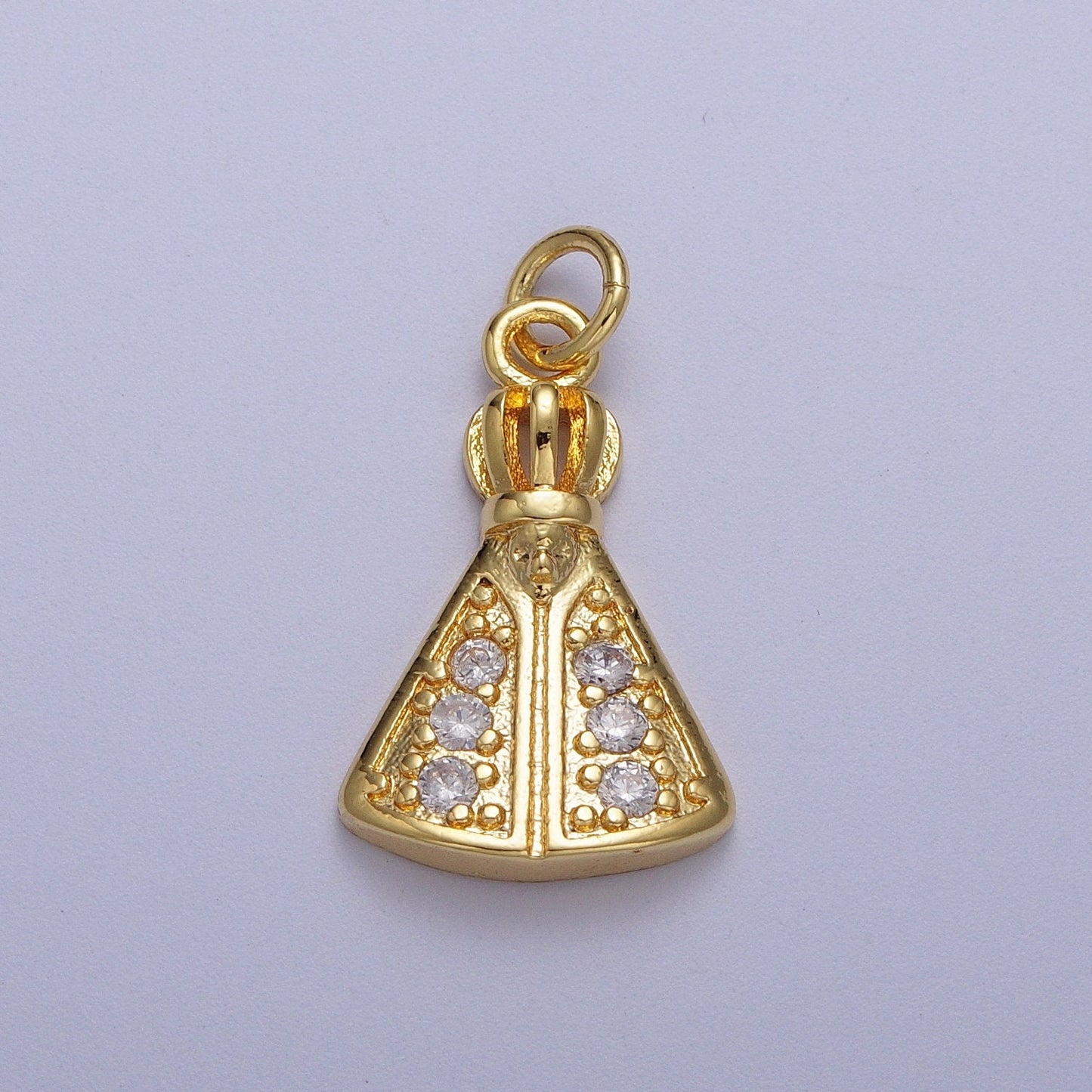 Gold CZ Religious Nossa Senhora Aparecida Pendant, 24K Gold Filled Clear Micro Paved Cz Crown and Gown Church Pope Religious Charm | C-893