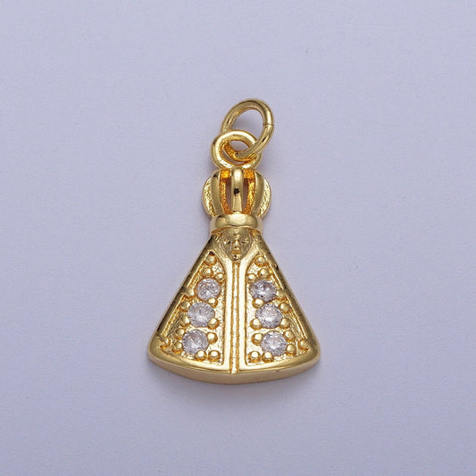 Gold CZ Religious Nossa Senhora Aparecida Pendant, 24K Gold Filled Clear Micro Paved Cz Crown and Gown Church Pope Religious Charm | C-893