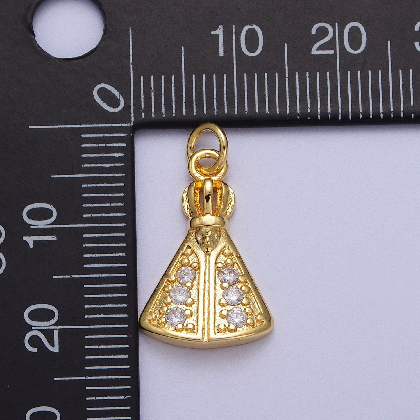 Gold CZ Religious Nossa Senhora Aparecida Pendant, 24K Gold Filled Clear Micro Paved Cz Crown and Gown Church Pope Religious Charm | C-893