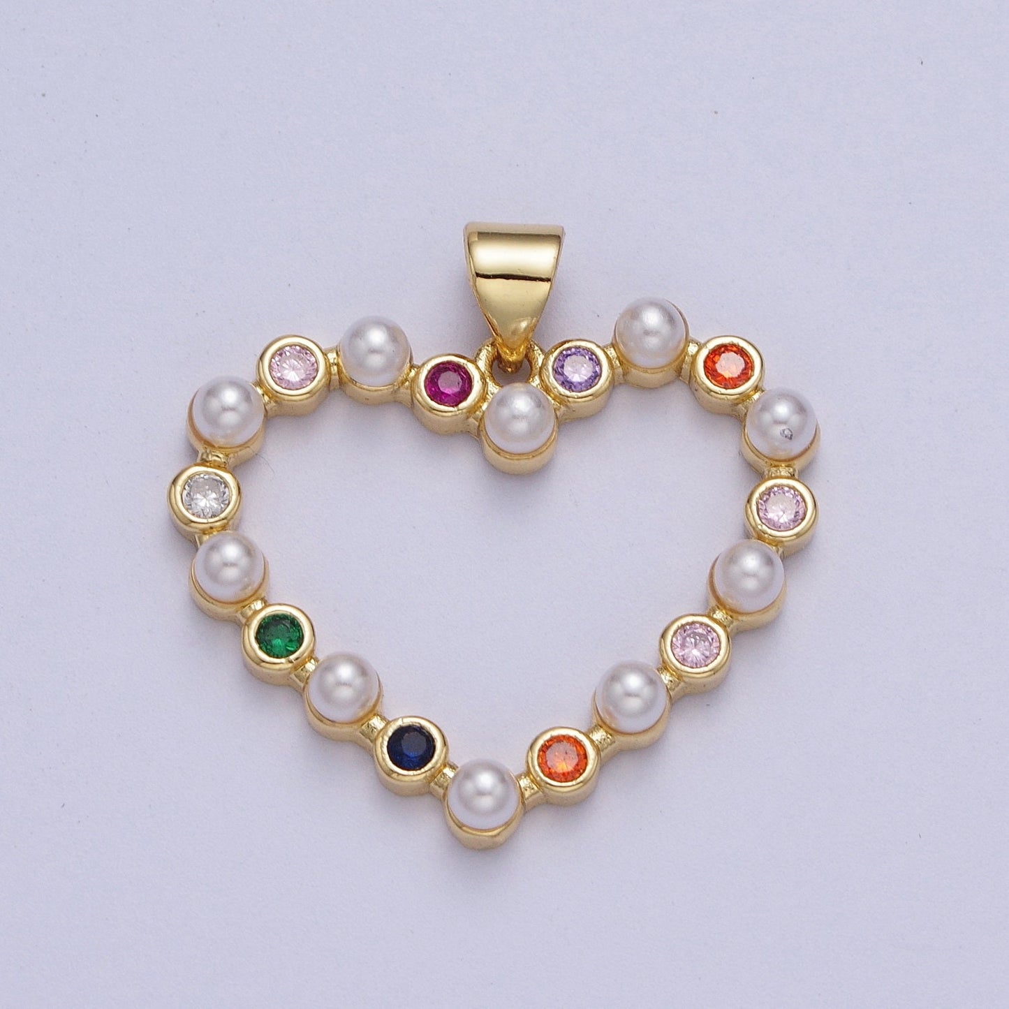 Gold CZ Pearls Elegant Heart Pendant, 24K Gold Plated Colorful Micro Paved CZ Freshwater Mother of Pearl Hollow Love Heart Pendant | H-656