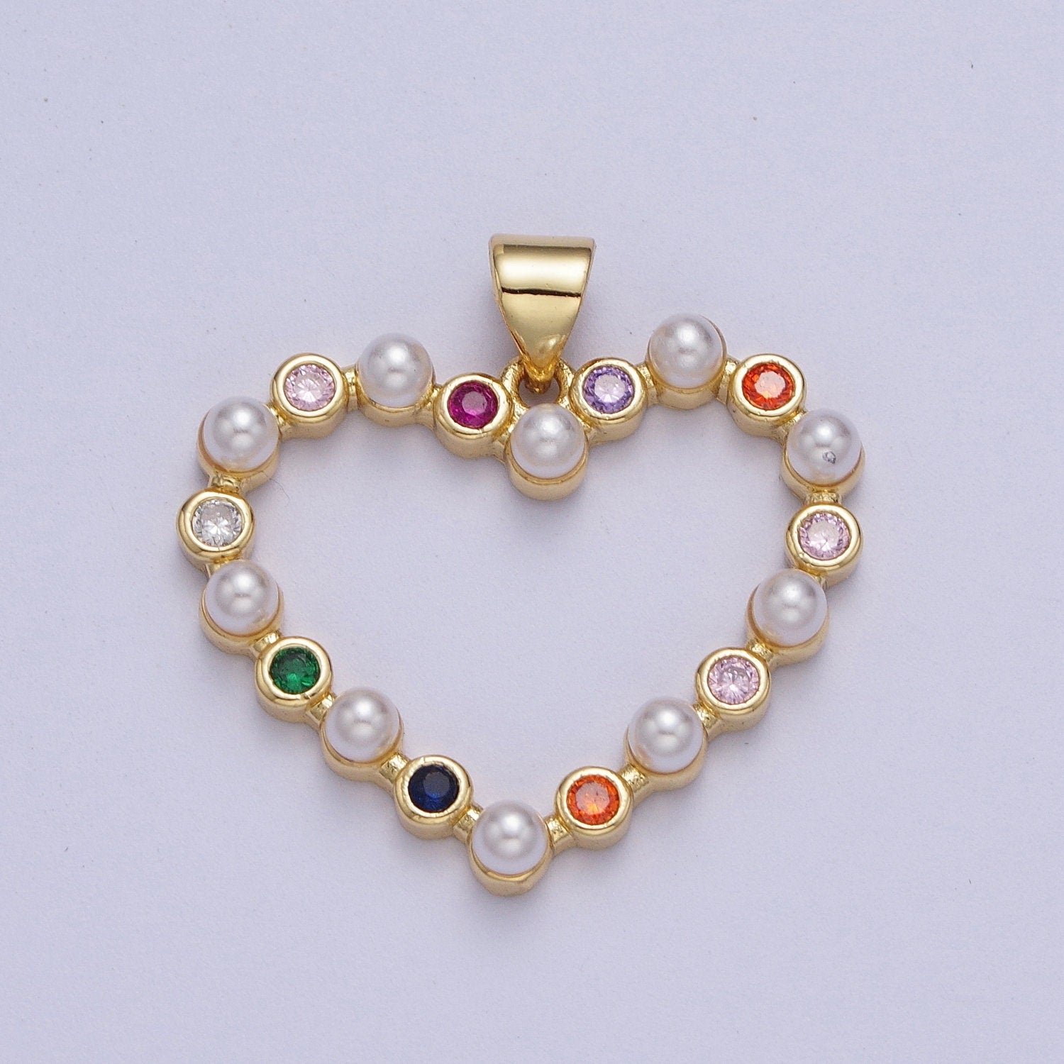 Gold CZ Pearls Elegant Heart Pendant, 24K Gold Plated Colorful Micro Paved CZ Freshwater Mother of Pearl Hollow Love Heart Pendant | H-656