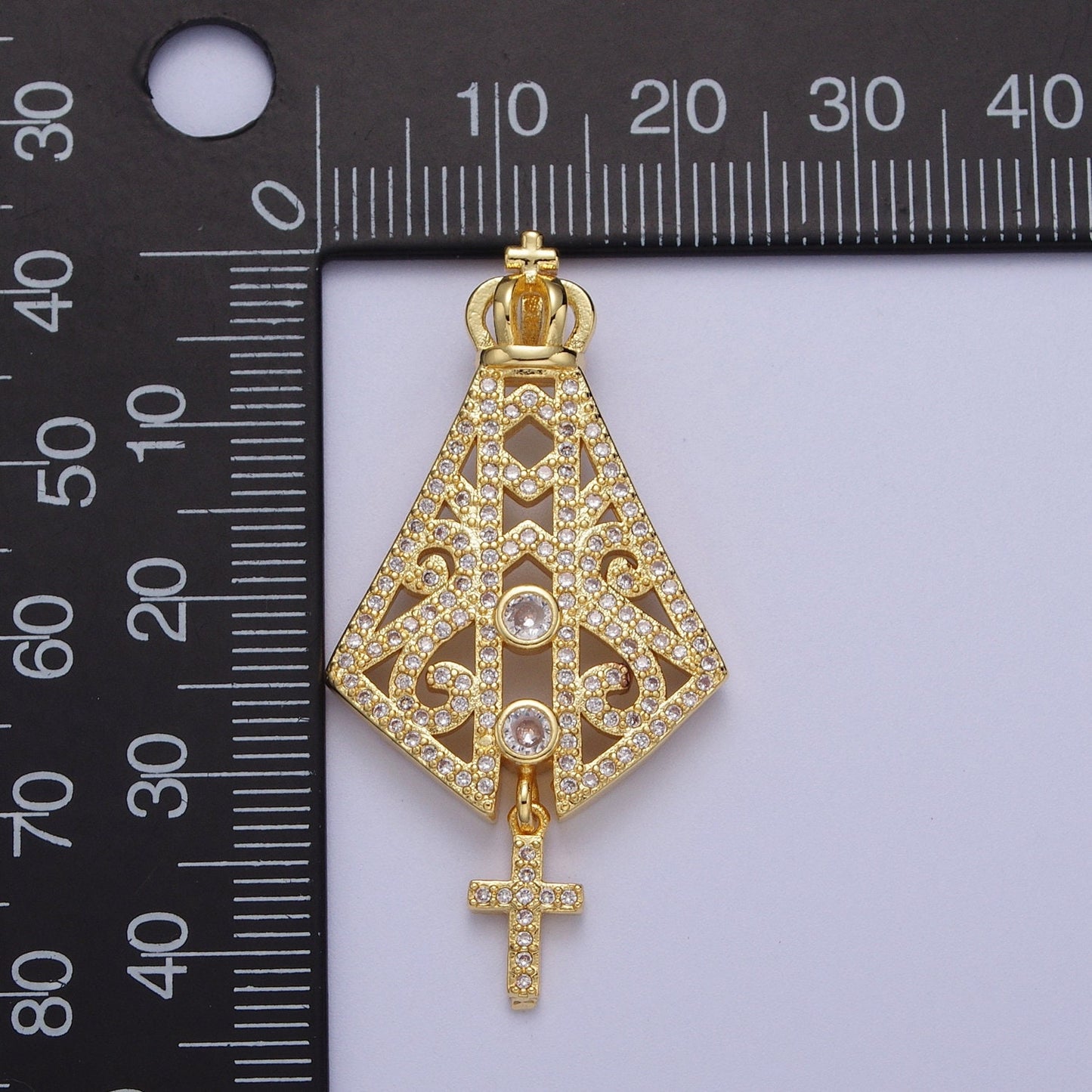 Gold CZ Religious Nossa Senhora Aparecida Pendant, 24K Gold Plated Clear Micro Paved Cz Papal Regalia and Insignia Cross Charm | H-659