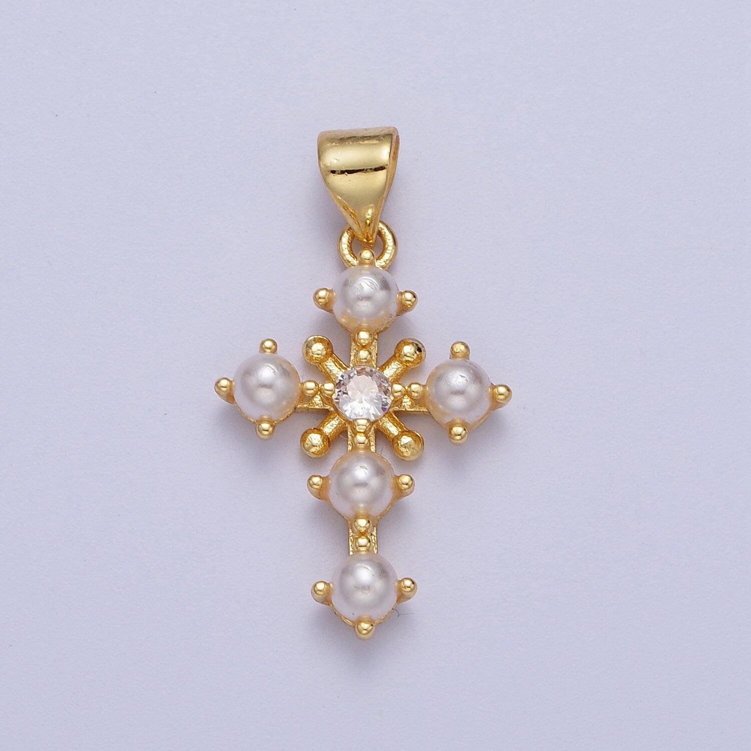Gold CZ Mother of Pearl Cross Pendant, 24K Gold Plated North Star Clear Micro Paved CZ Natural Peals Religious Cross Charm | H-663