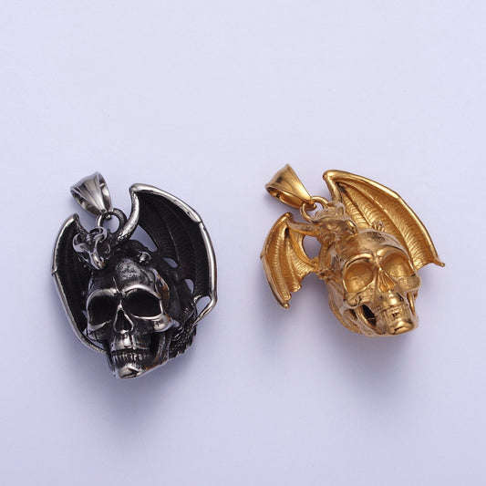 3D Silver Dragon on Skull Skeleton Stainless Steel Pendant in Gold & Silver Men Charm Statement Necklace| X667 X668
