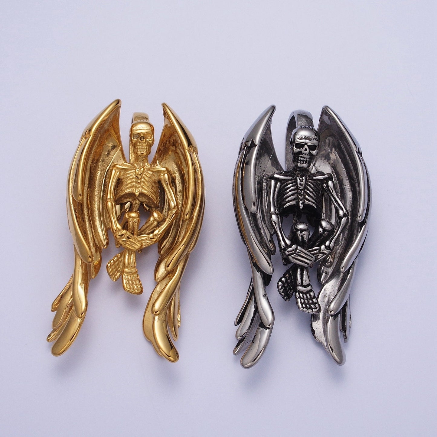 3d Gothic Skull Skeleton Angel Wing Pendant Necklace for Man Gold Antique Silver Heavy Duty Jewelry Statement Necklace