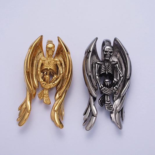 3d Gothic Skull Skeleton Angel Wing Pendant Necklace for Man Gold Antique Silver Heavy Duty Jewelry Statement Necklace