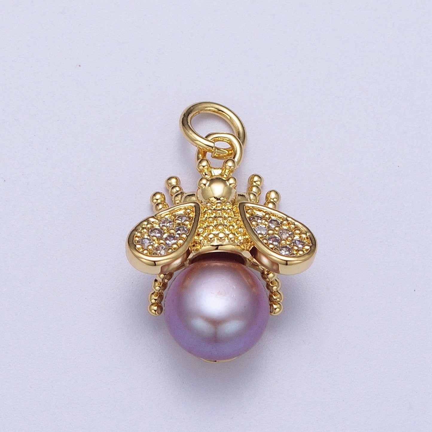 Micro Paved CZ Gold Bumble Bee Charm Insect Round White / Purple Pearl Pendant for Bracelet Necklace Earring | N-714