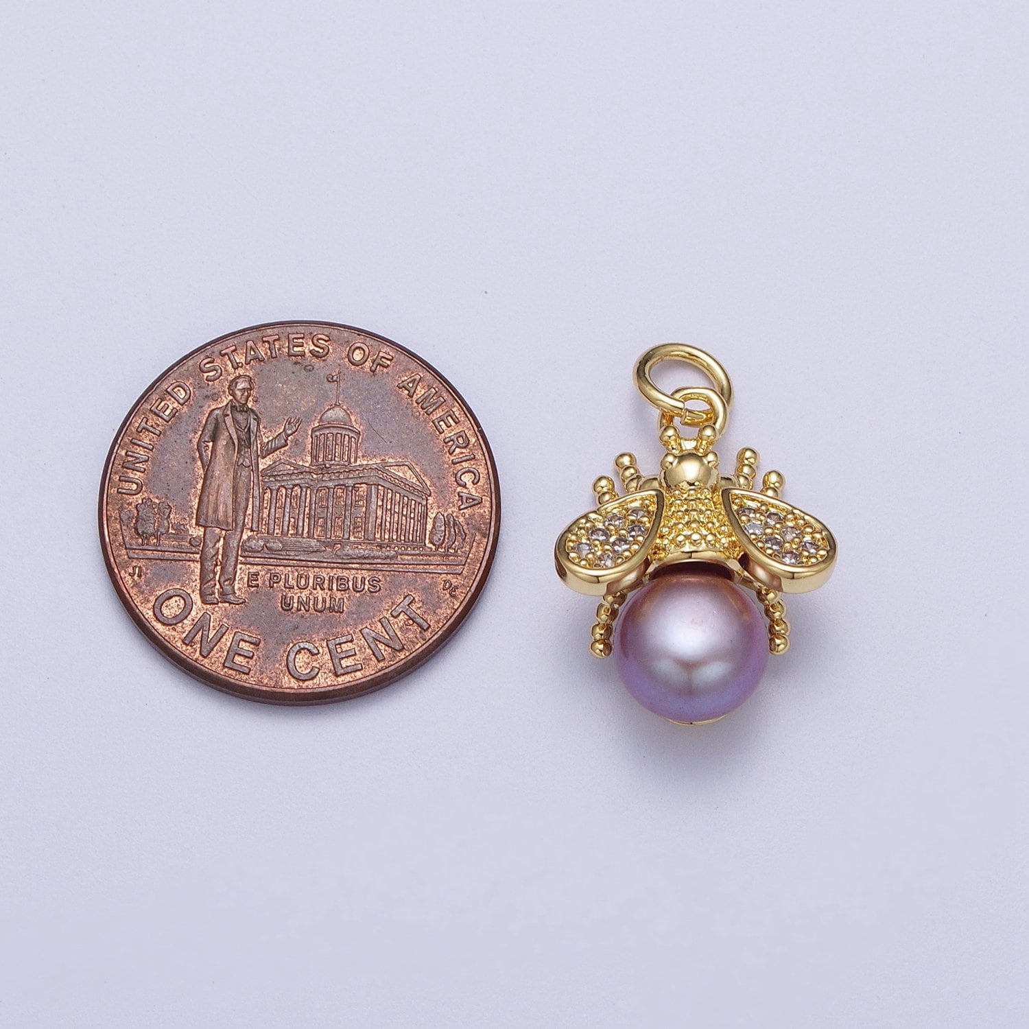 Micro Paved CZ Gold Bumble Bee Charm Insect Round White / Purple Pearl Pendant for Bracelet Necklace Earring | N-714