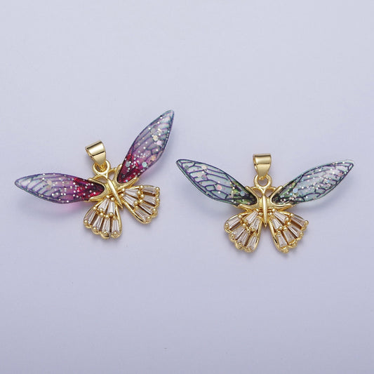 Gold Butterfly Pendant Magical Dream Mariposa Charm Blue Fuschia Charm