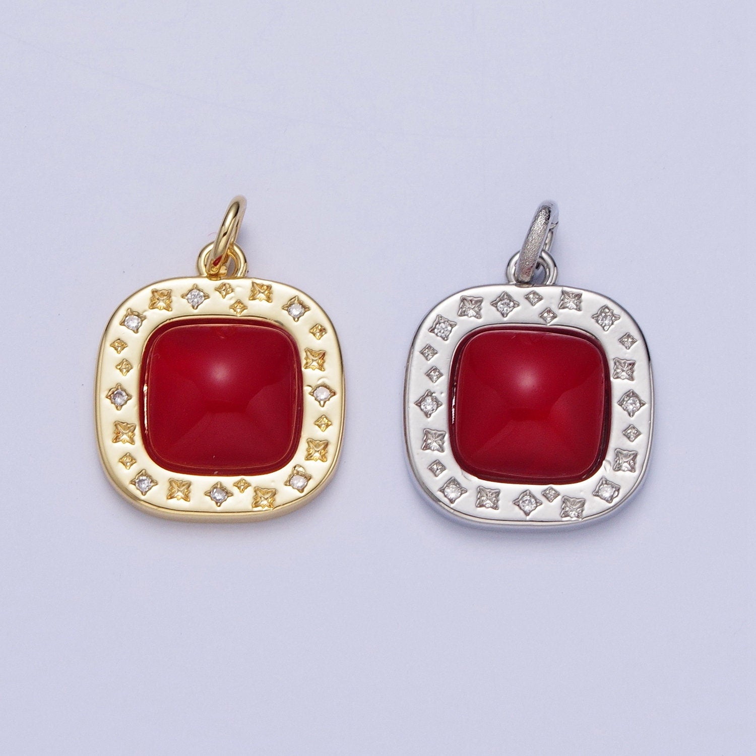 Dainty Red Carnelian Square Geometric star Charm in Gold & Silver Pendant N-474