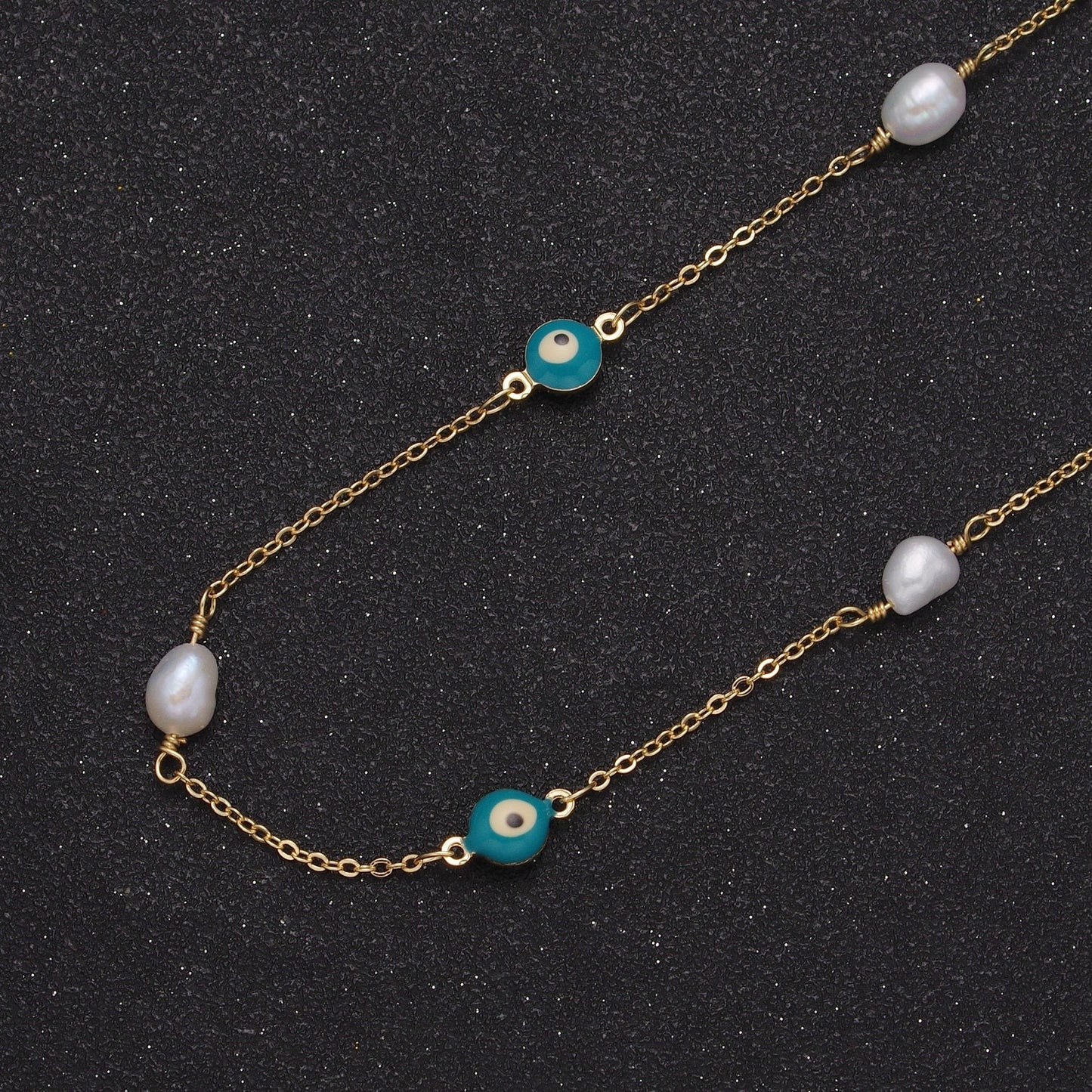 Evil Eye Bead Chain, Pearl Beaded Chains, 14K Gold Filled Pearl Rosary Chain Roll-875