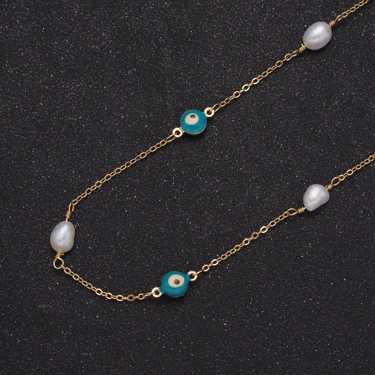 Evil Eye Bead Chain, Pearl Beaded Chains, 14K Gold Filled Pearl Rosary Chain Roll-875