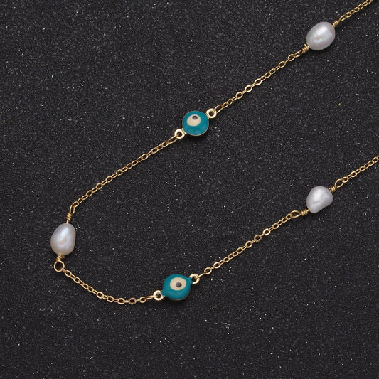 Evil Eye Bead Chain, Pearl Beaded Chains, 14K Gold Filled Pearl Rosary Chain Roll-875