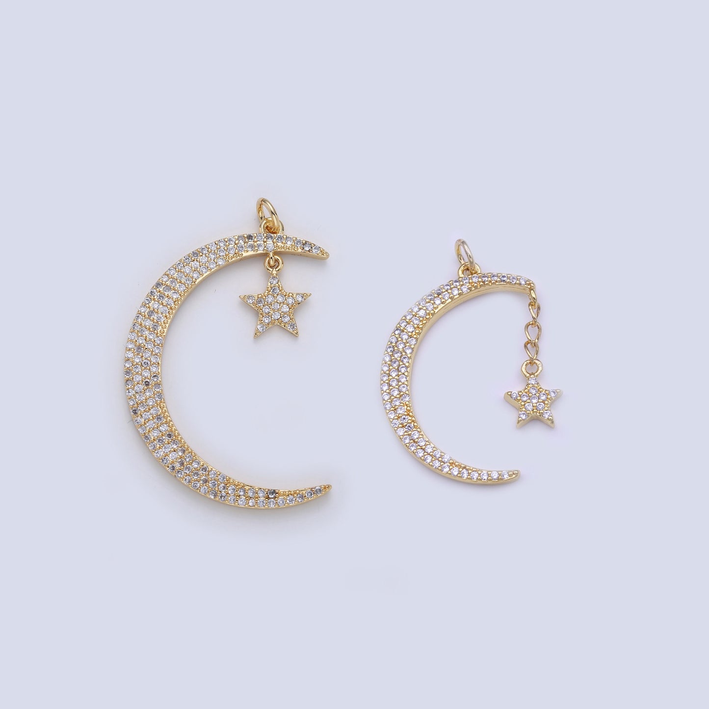 14K Gold Filled Celestial Space Crescent Moon Star Dangle Micro Paved CZ Cubic Zirconia Charm | D-167, I-283