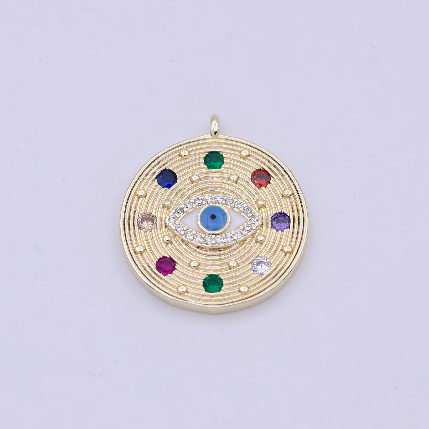 Dainty Multi Color Cz Stone Coin Charm Gold Evil Eye Pendant W-158