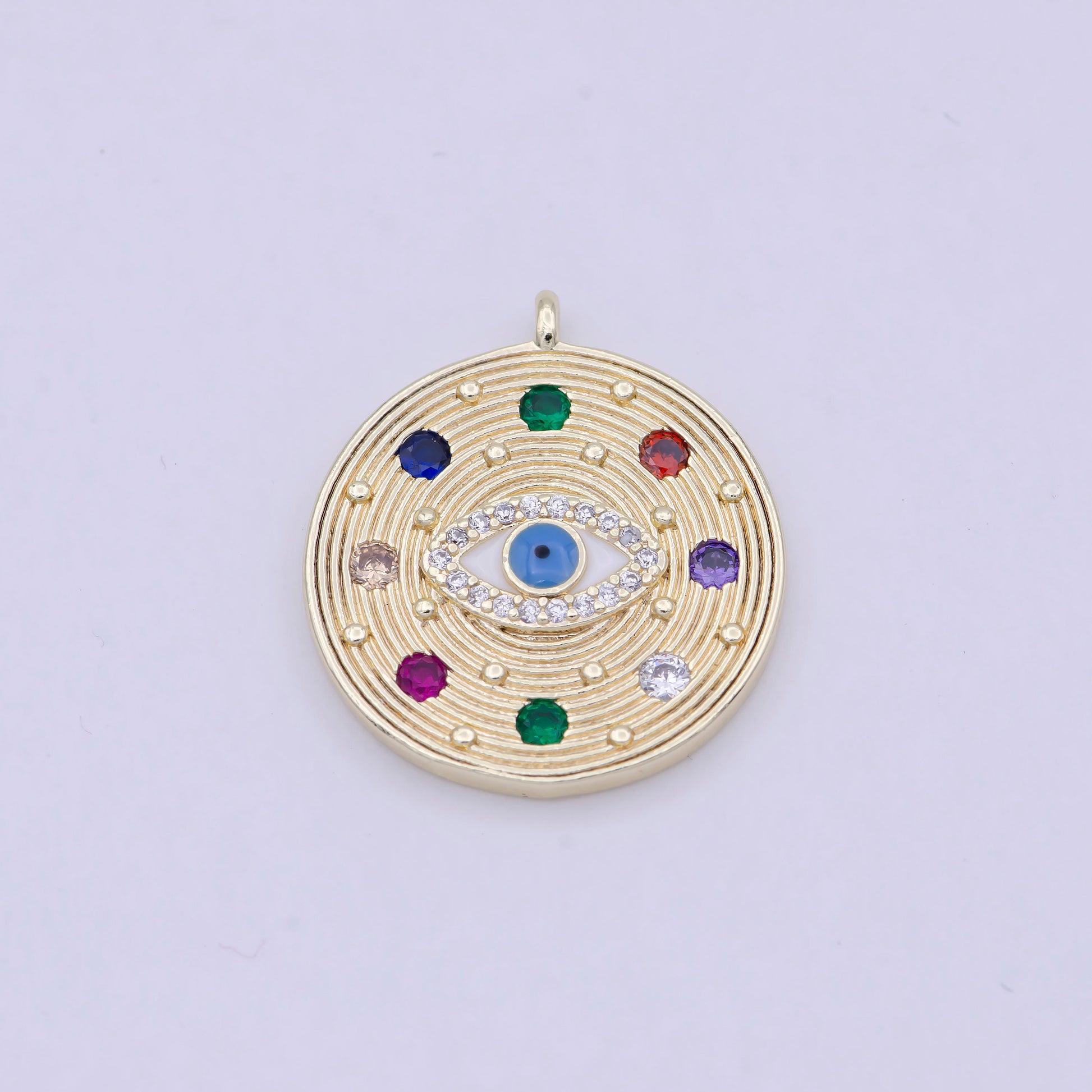 Dainty Multi Color Cz Stone Coin Charm Gold Evil Eye Pendant W-158