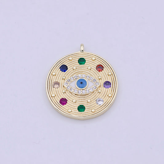 Dainty Multi Color Cz Stone Coin Charm Gold Evil Eye Pendant W-158