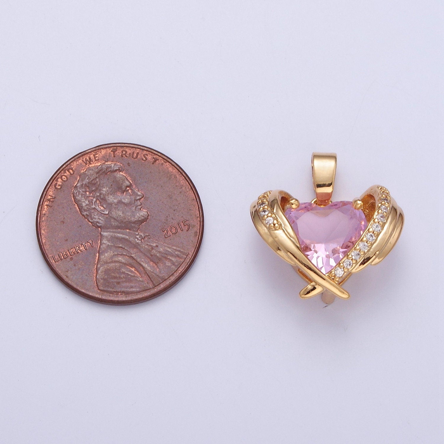 Dainty Pink Heart Charm, Green Heart Pendant Gold Angel Wing With Cz Heart X-331 X-332