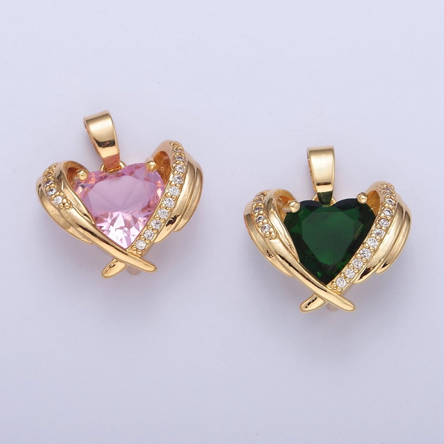 Dainty Pink Heart Charm, Green Heart Pendant Gold Angel Wing With Cz Heart X-331 X-332
