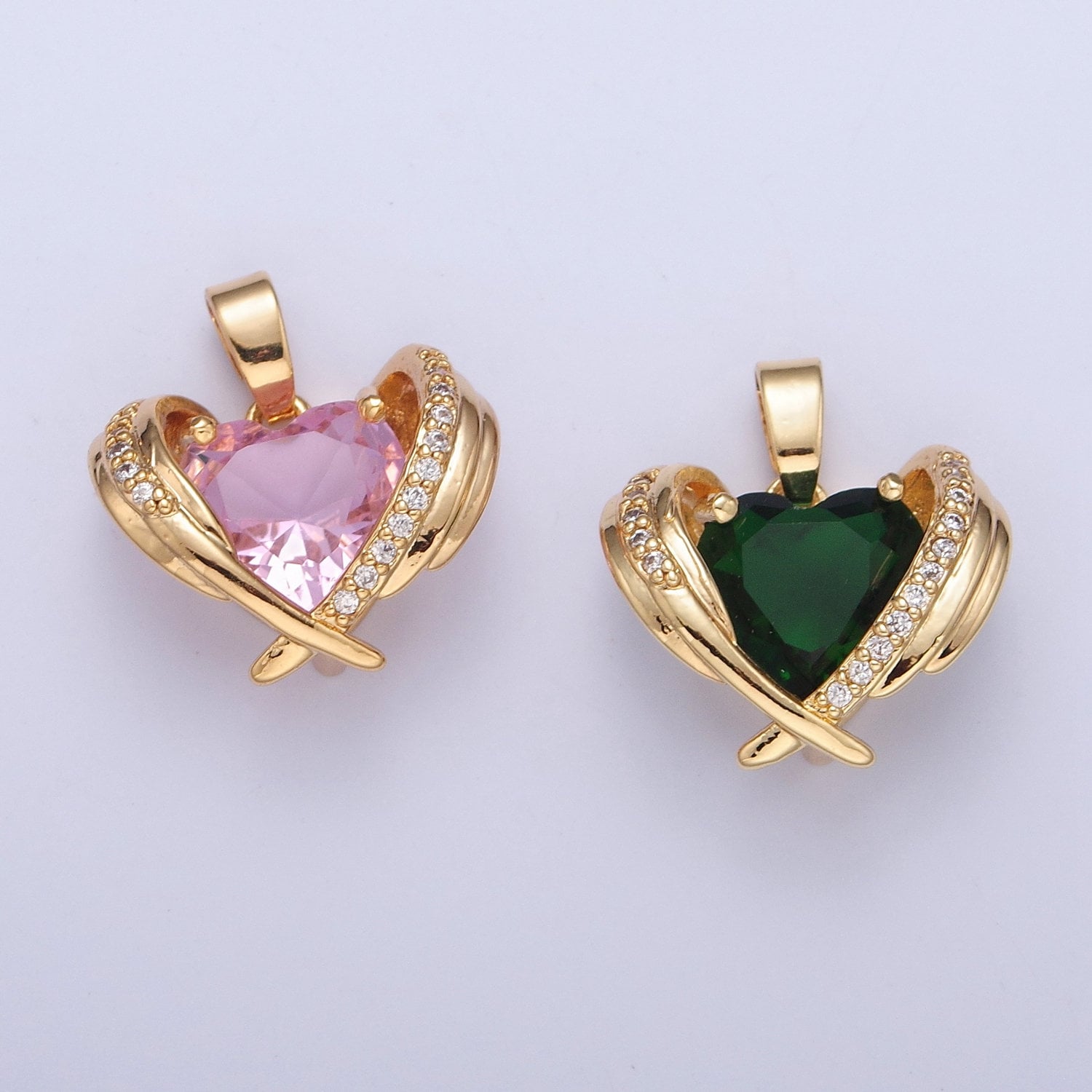 Dainty Pink Heart Charm, Green Heart Pendant Gold Angel Wing With Cz Heart X-331 X-332