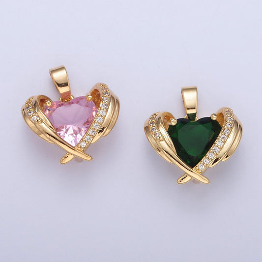 Dainty Pink Heart Charm, Green Heart Pendant Gold Angel Wing With Cz Heart X-331 X-332