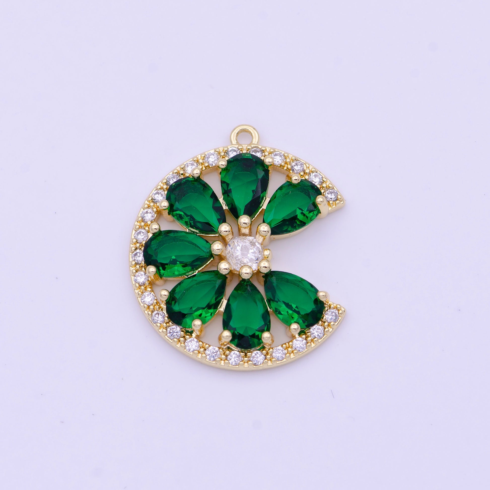 Gold Plated Emerald Green Teardrop CZ Crescent Moon Flower Charm D-569