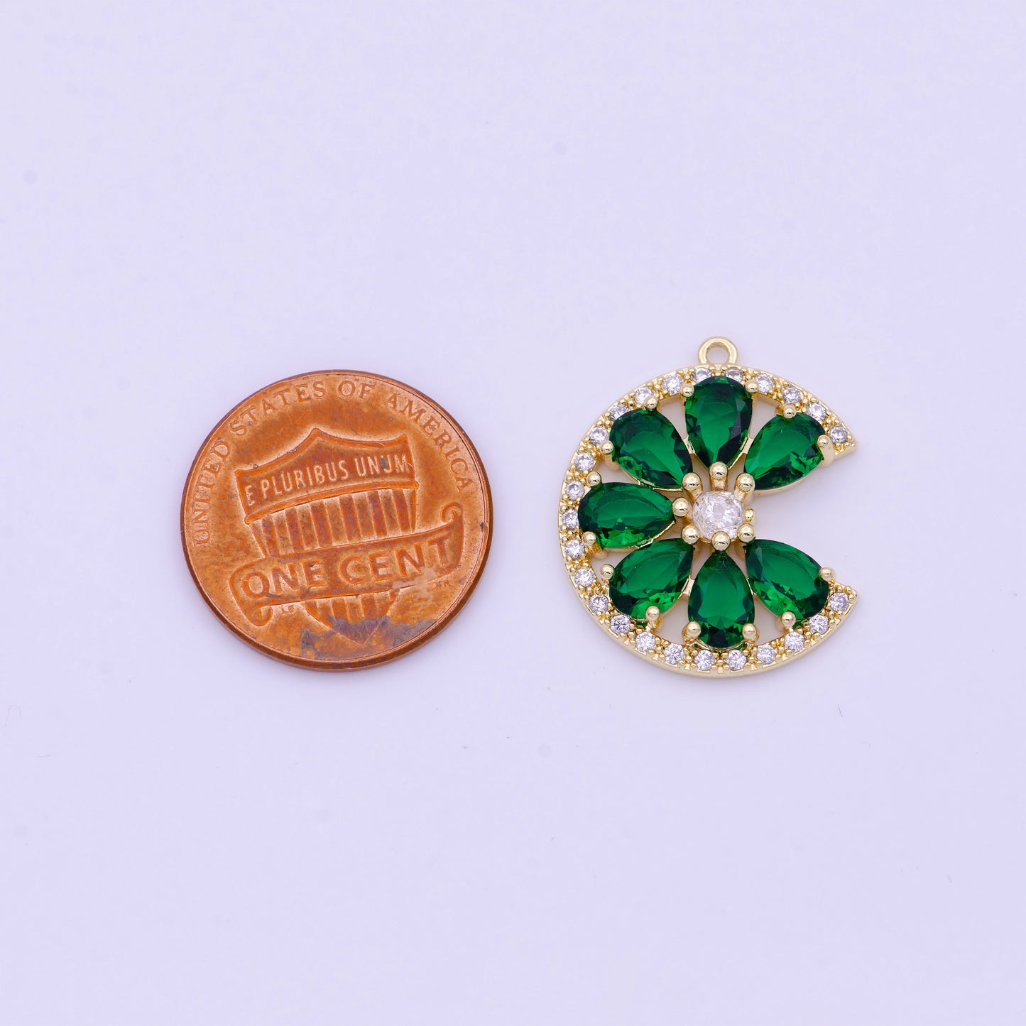 Gold Plated Emerald Green Teardrop CZ Crescent Moon Flower Charm D-569