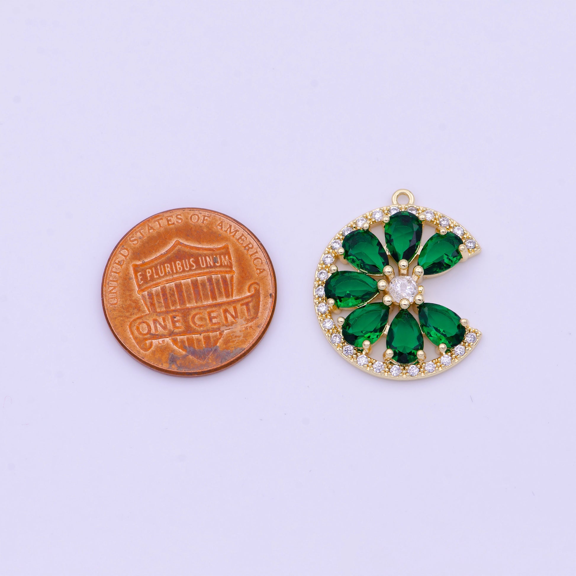 Gold Plated Emerald Green Teardrop CZ Crescent Moon Flower Charm D-569