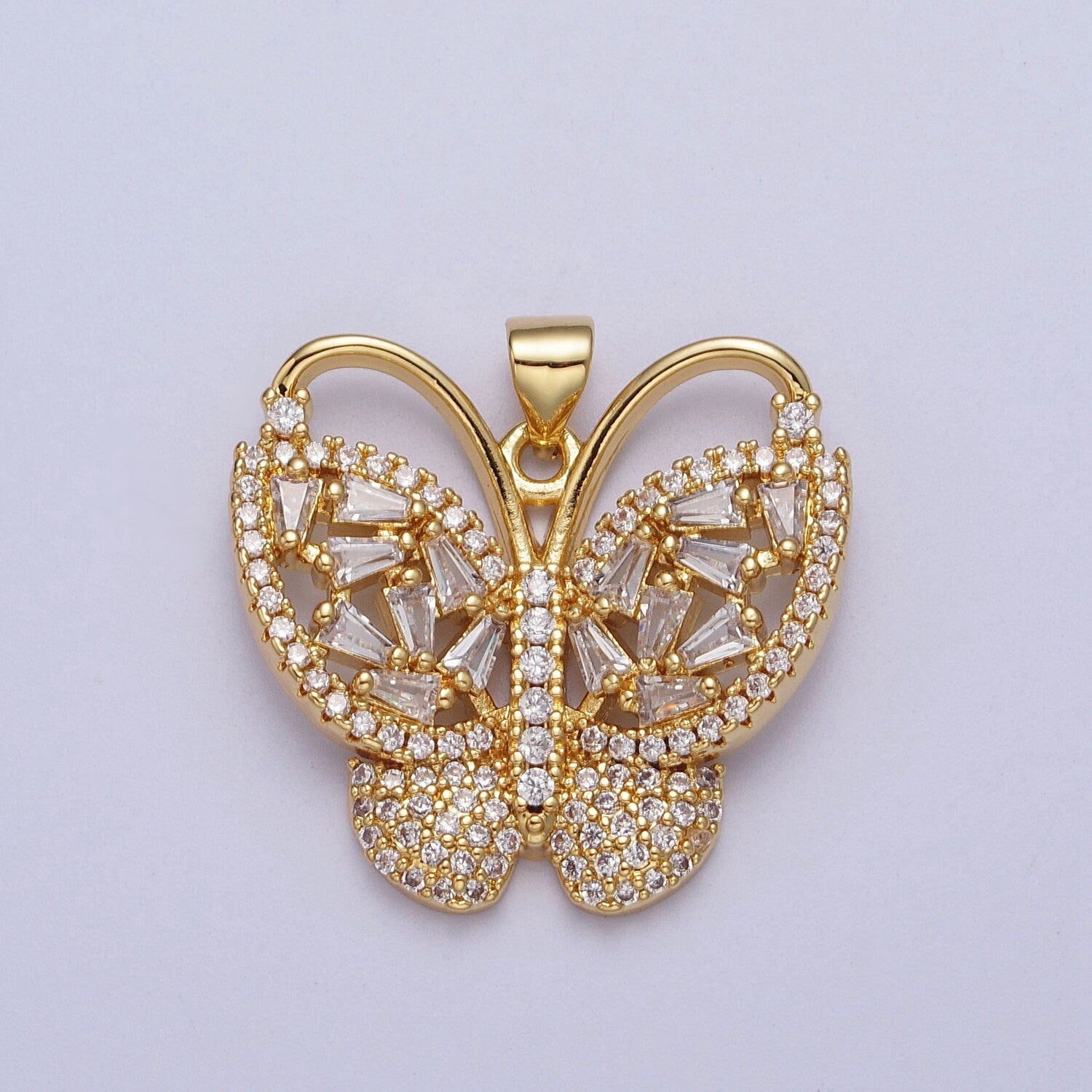 Dainty Baguette Micro Paved CZ Monarch Butterfly Charm Gold CZ Pendant | H166