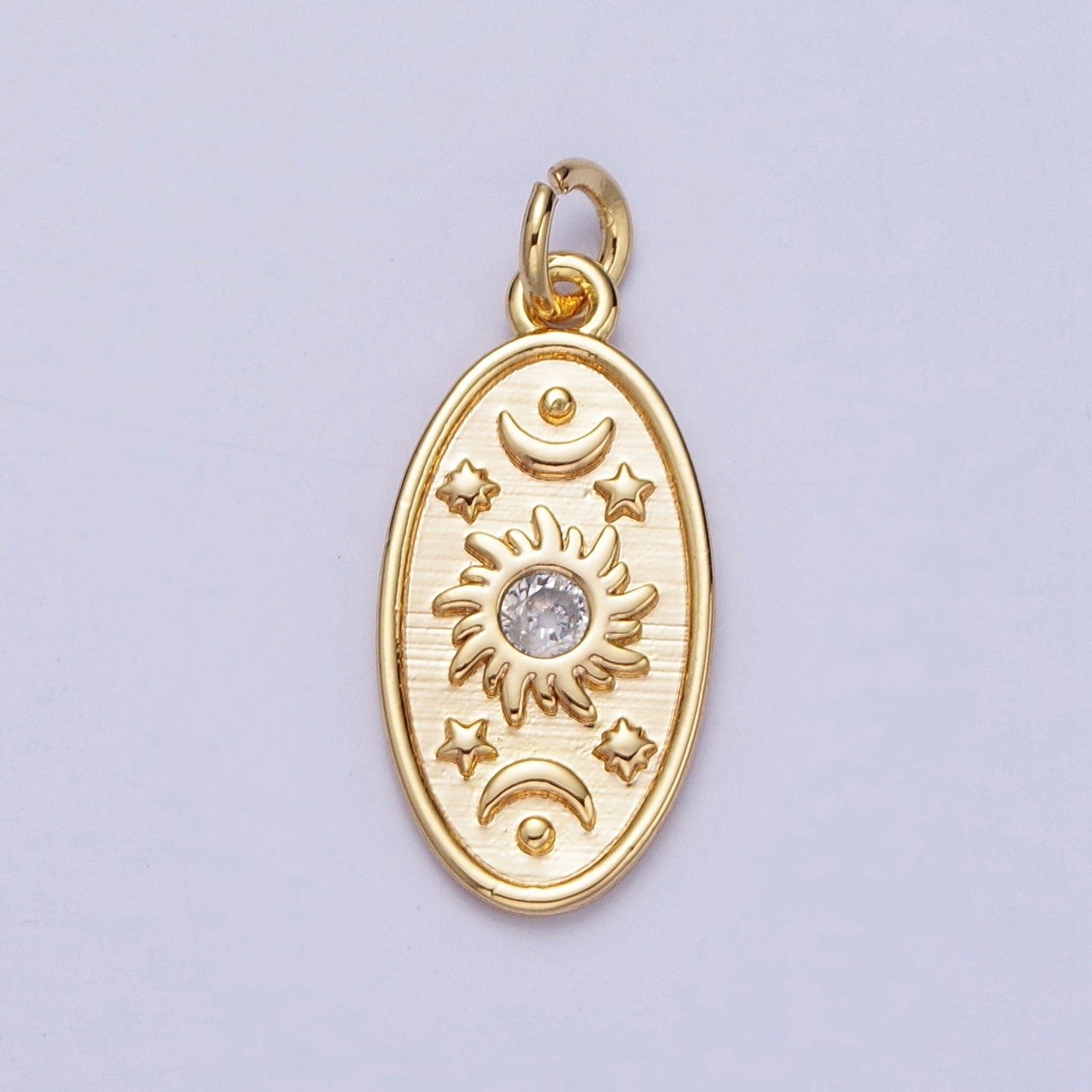 16K Gold Filled Celestial Cubic Zirconia Sun Star Crescent Moon Oval Charm | N-214