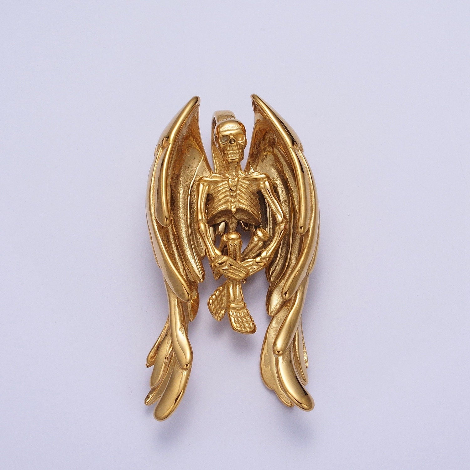 3d Gothic Skull Skeleton Angel Wing Pendant Necklace for Man Gold Antique Silver Heavy Duty Jewelry Statement Necklace