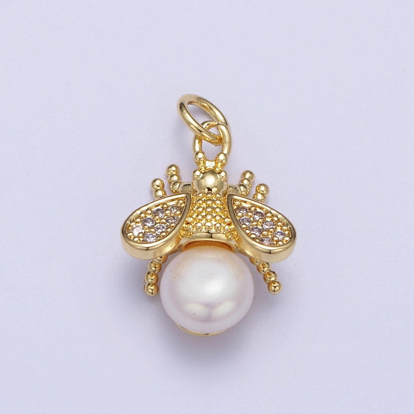Micro Paved CZ Gold Bumble Bee Charm Insect Round White / Purple Pearl Pendant for Bracelet Necklace Earring | N-714