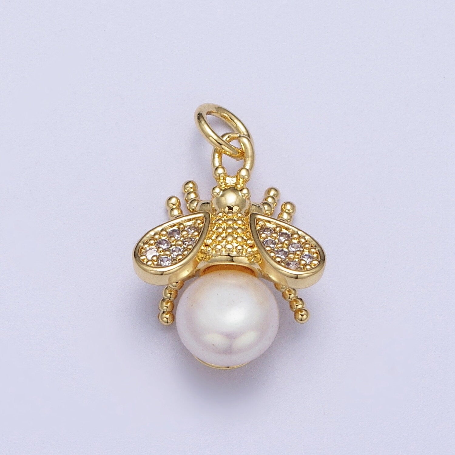 Micro Paved CZ Gold Bumble Bee Charm Insect Round White / Purple Pearl Pendant for Bracelet Necklace Earring | N-714
