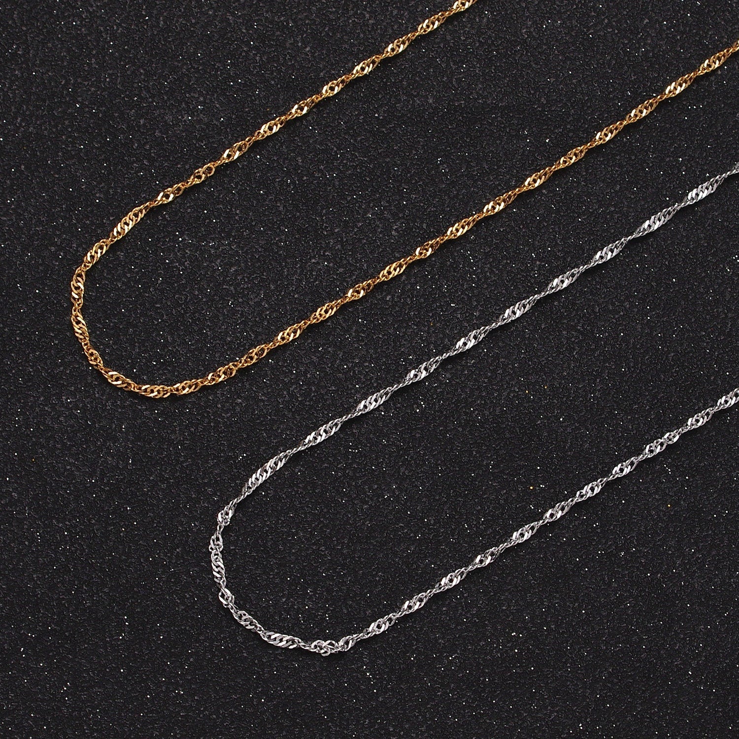 24K Gold Filled Singapore Twist Dainty 2.5mm Unfinished Gold, Silver Wholesale Bulk Chain For Jewelry Making | Roll-901, Roll-902