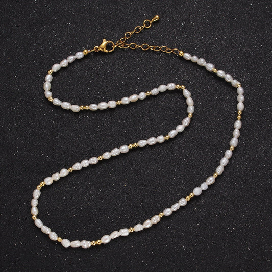 2.8mm Natural White Freshwater Pearl Gold Crimp Bead Y2K Elegant 17.4 Inch Choker Necklace, WA-1422