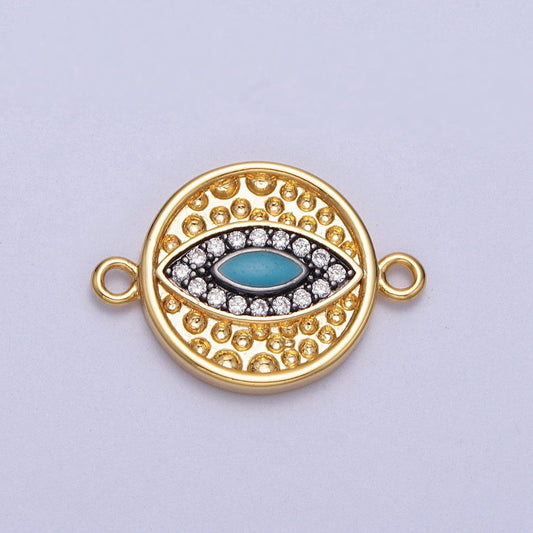 Gold Evil Eye Charm With Two Holes, Bracelet Charms, Micro Pave Eye Charm Connector Link Connector CZ Jewelry y647